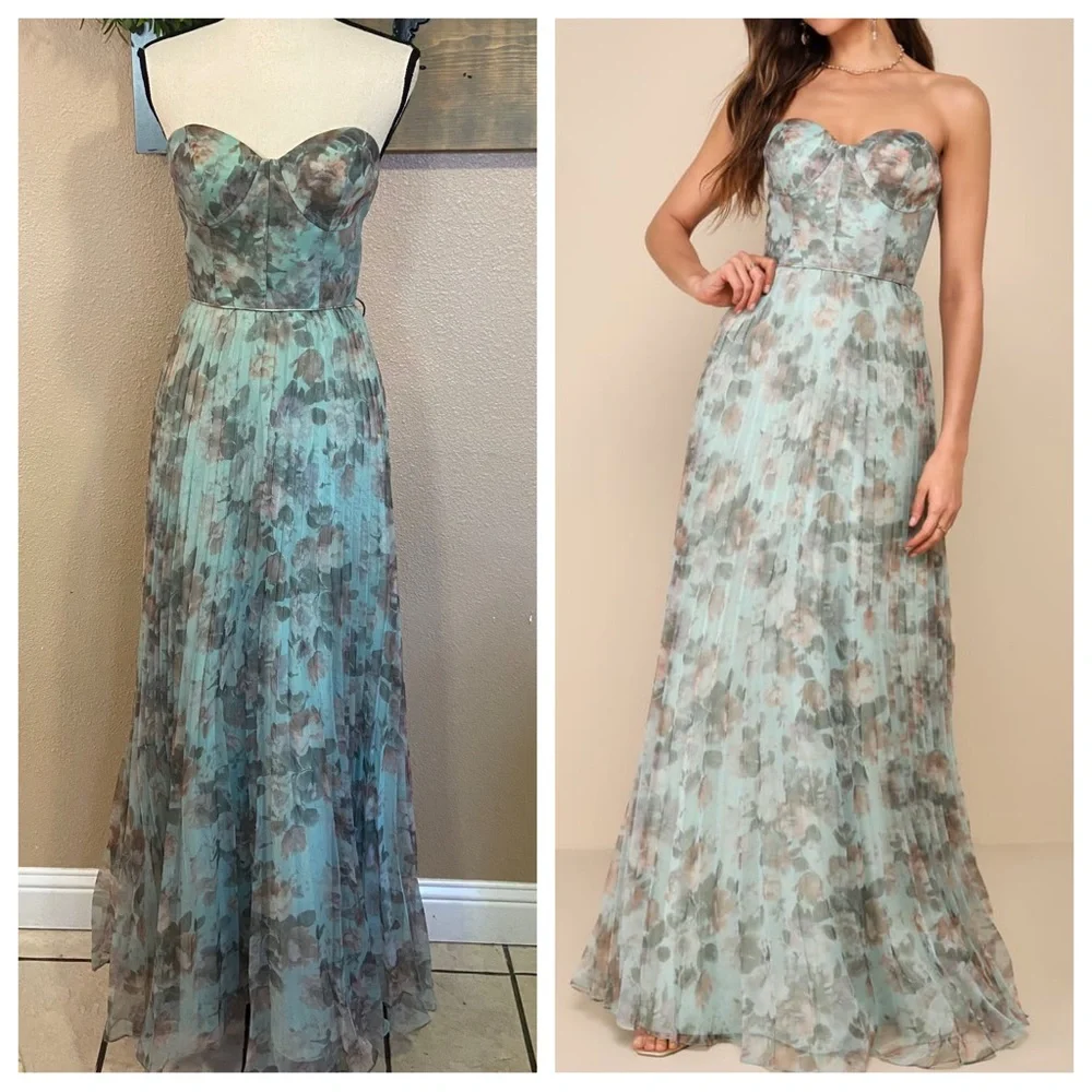 NWOT Lulus Most Beautiful Day Sage Multi Floral Print Organza Maxi Dress
